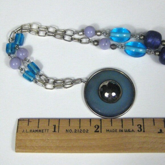 Necklace 32 In Silvetone Chain Pendant Strand Glass Beaded Blue Jewelry Women - Picture 10 of 10